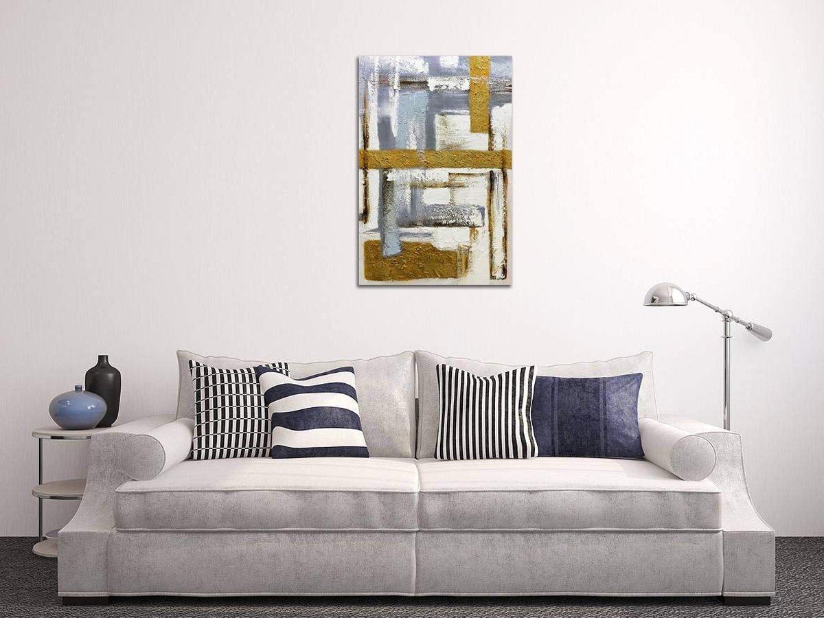 Quadro Pintura Tela ouro contemporâneas branco cinza 5236: 120cm (A) x 180cm (L) - 1