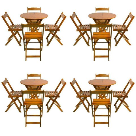 Kit 4 Conjuntos De Mesa Dobravel 70X70 Tampo Redondo Em Madeira Padrao Com 4 Cadeiras - Mel - Marrom