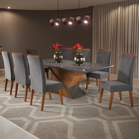 Mesa de Jantar 8 Lugares Moçambique com Vidro Mel/grafite - Panorama Móveis