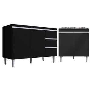 Kit Balcão Gabinete para Pia Andreia 100cm C- Balcão Cooktop 4 ou 5 Bocas Preto