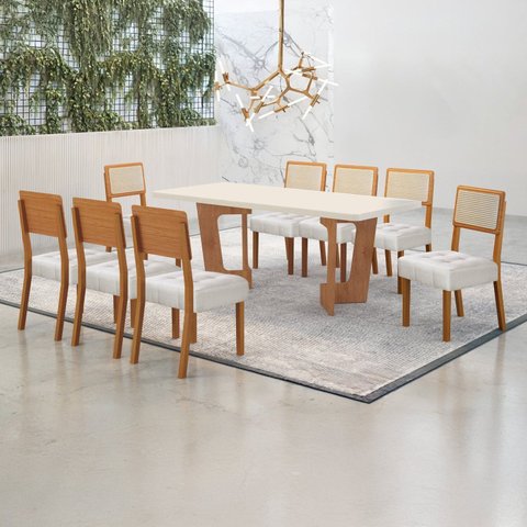 Conjunto Sala de Jantar Mesa 180cm com 8 Cadeiras Liz Marrom/Cinamomo/Off White/Veludo Palha