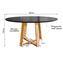 Mesa Eames Eiffel Jantar Livia Tampo Redondo 90cm Pés Madeira Maciça - Preta - 3