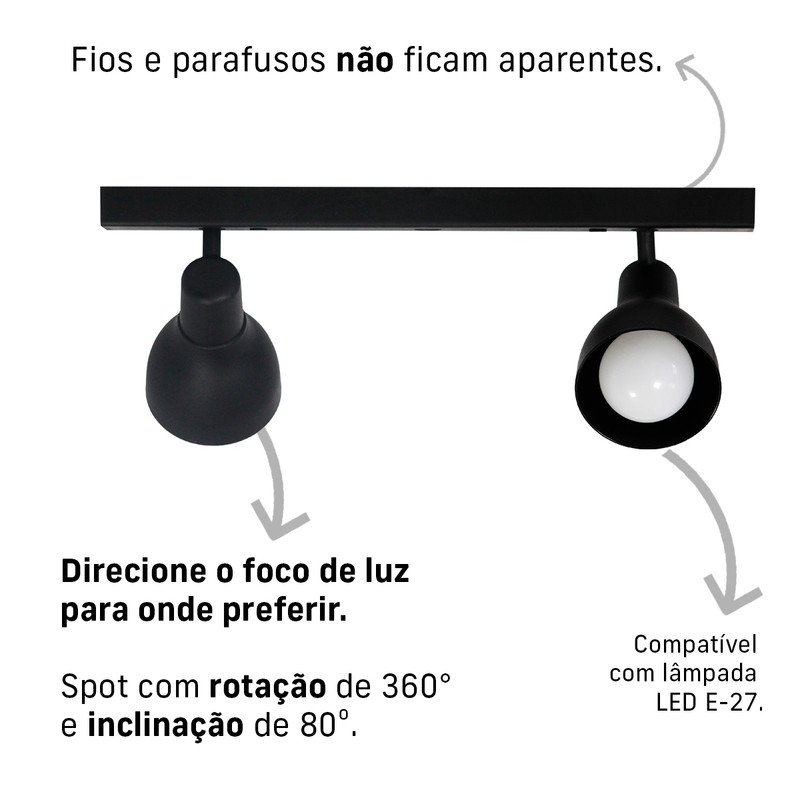 Kit 2 Luminária Trilho Spot Duplo 2 Lâmpadas E-27 Cor:preto - 5