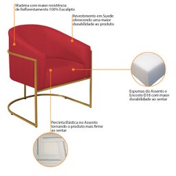 Poltrona Decorativa Sala de Estar Recepção Luiza Base de Ferro Dourado Suede Vermelho - ADJ Decor - 4