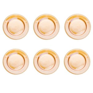 6 Pratos P/refeições Cristal Bolinhas Pearl Âmbar 28cm Wolff