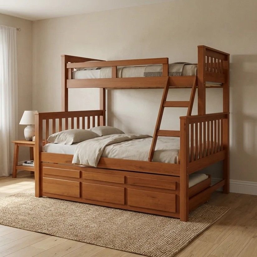 Menor preço em Treliche Cama Casal em Madeira Maciça com Cama Auxiliar e 3 Gavetas Castanho Claro