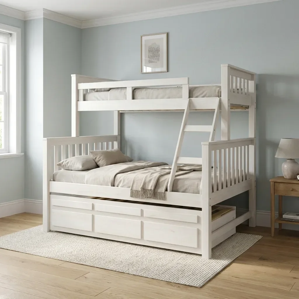 Treliche Cama Casal em Madeira Maciça com Cama Auxiliar e 3 Gavetas Branco