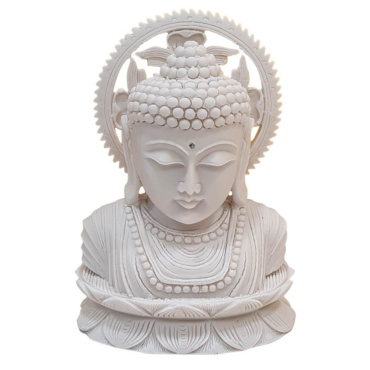 Escultura Cabeça de Buda com Resplendor Pó de Mármore Branco 18cm - 1