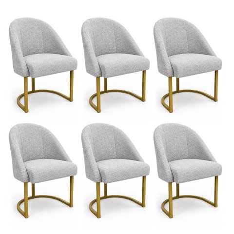 Kit 06 Cadeiras Poltrona de Jantar Lua Boucle Cinza Base Ferro Dourado Dal Poz Estofados
