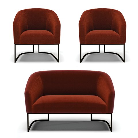 Sofá Namoradeira e 2 Poltronas Base Industrial Preto Stella Bouclê D03 - D'Rossi Terra