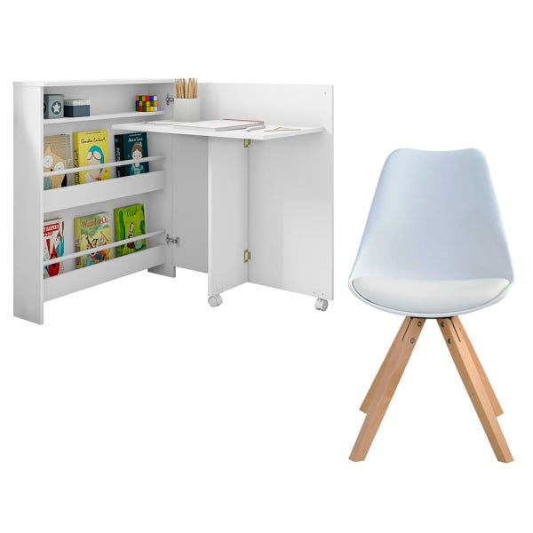 Conjunto Escrivaninha Ariana Dobrável Multifuncional e 1 Cadeira Neo Branca - Gran Belo - 1