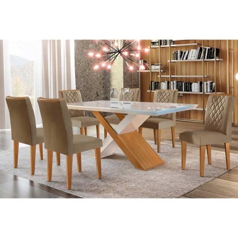 Conjunto: Mesa de Cozinha Imperatriz Tampo Madeirado C/ Vidro Canto Curvo 180x90 e 6 Cadeiras Jade