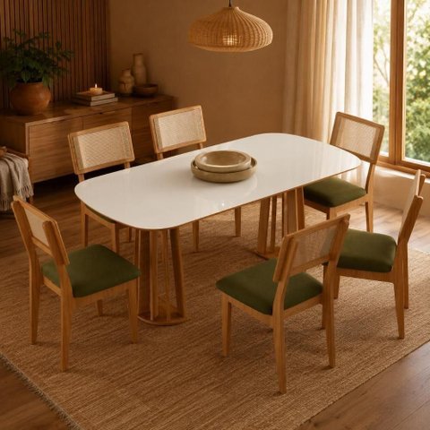 Mesa de Jantar 6 Lugares MDF Off White com Freijó e Verde 180cm Dalla Costa Móveis