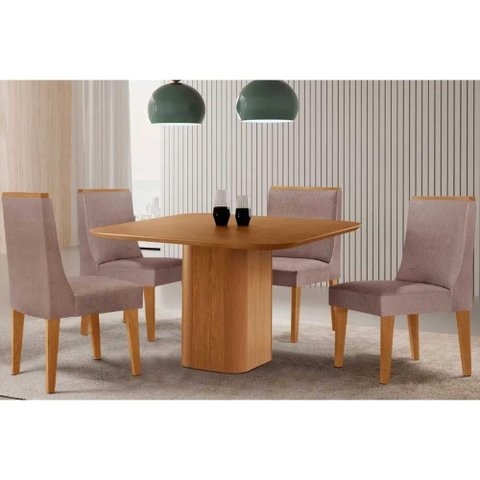 Conjunto: Mesa Sala Jantar Maldivas C/ Tampo Madeirado Canto Curvo 90x90cm e 4 Cadeiras Dakota