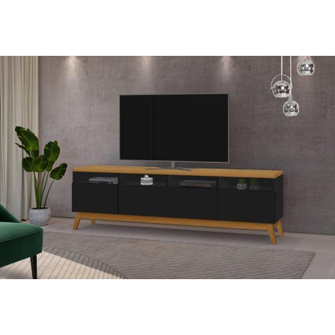 Rack ABS 2.18m Estilo Retrô Com Pés em Madeira e Puxadores em Couro Para TV Até 75'' Com Nichos Para