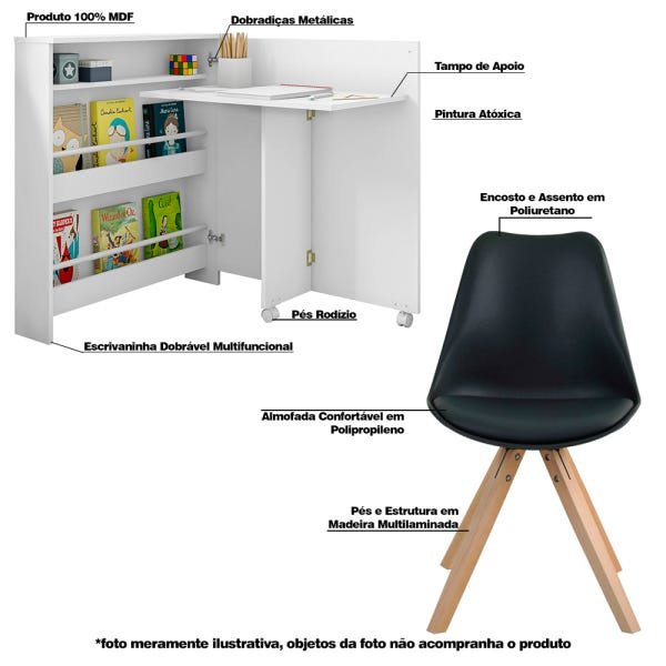 Conjunto Escrivaninha Ariana Dobrável Multifuncional e 1 Cadeira Neo Branca/Preta - Gran Belo - 3
