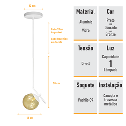 Lustre Pendente On Ly - Branco com Globo de Vidro Âmbar - 4