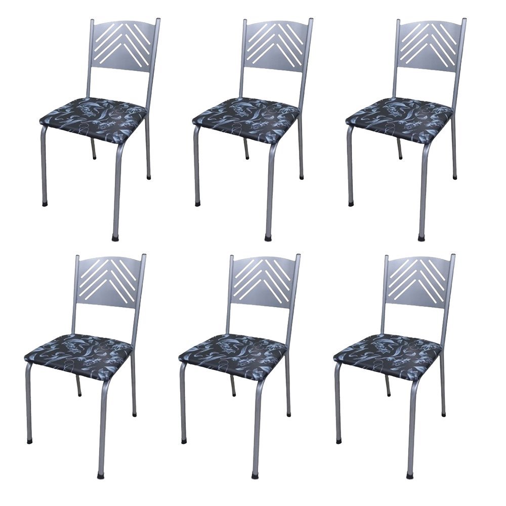 Kit 6 Cadeira Prata para Cozinha Jantar com Assento Floral Medcombo
