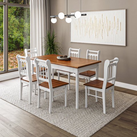 Conjunto Sala de Jantar com 6 Cadeiras Ripadas Madeira Maciça Mv Branco