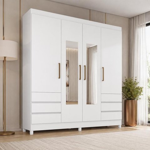 Guarda Roupa Casal Mônaco 4 Portas de Bater 6 Gavetas MDP com Espelho Branco Demóbile