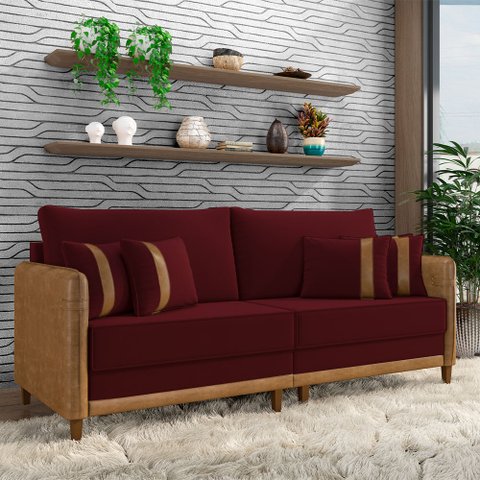 Sofá Montecarlo 3 Lugares 252cm Veludo/pu Bordô/caramelo