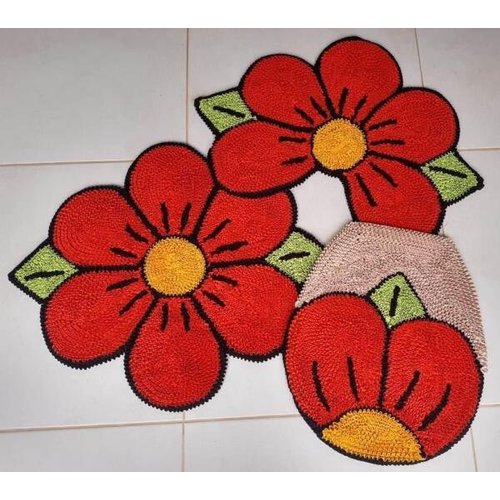 Jogo de Tapetes Cozinha Crochê Vermelho 3 Peças - Portal Lar & Lazer