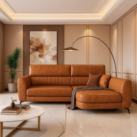 Sofá com Chaise Flames 2 Lugares Fixo 245cm Caramelo Sallar Home