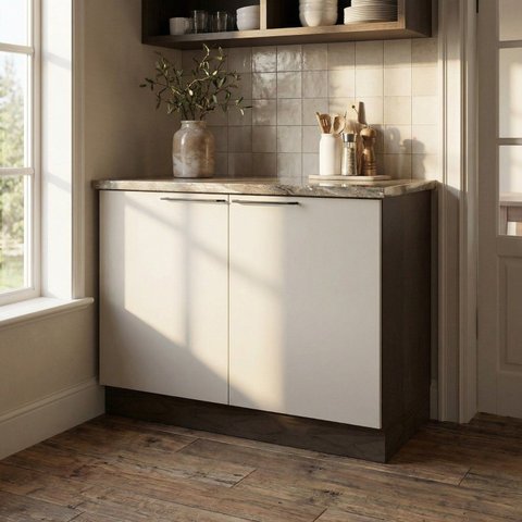 Balcão 2 Portas 1 Prateleira Interna Cozinha sem Tampo 120cm Lisboa Branco/Avelã/Off White