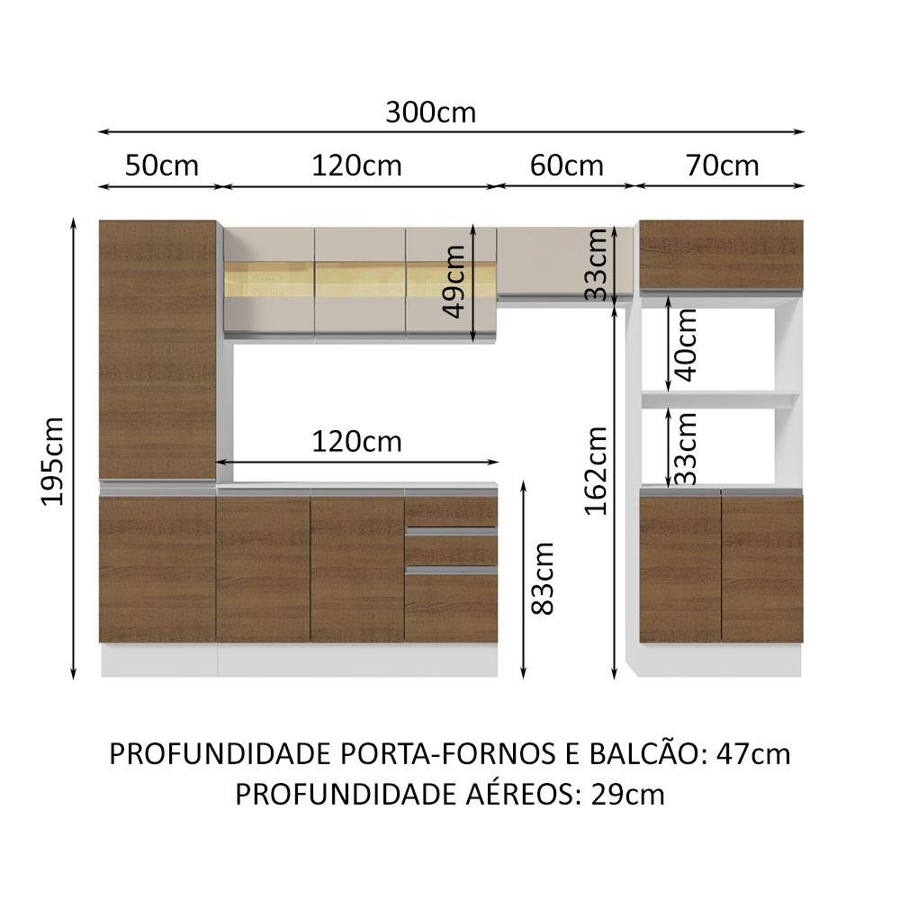 Armário de Cozinha Completa 100% MDF 300cm Branco/Rustic/Crema Smart Madesa 03 - 4