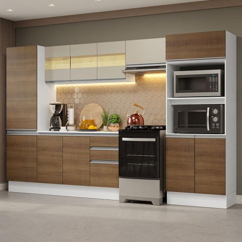 Armário de Cozinha Completa 100% Mdf 300cm Branco/rustic/crema Smart Madesa 03