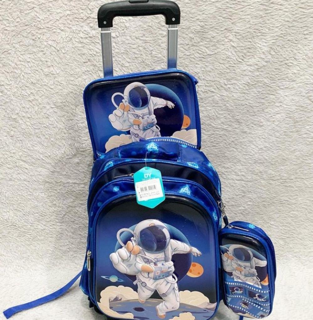 Mochila Escolar Infantil 3d com Rodinhas Reforçada Mais Lancheira e Estojo:astronauta