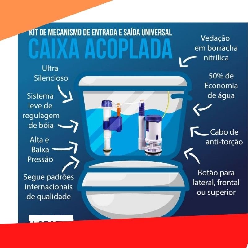 Kit Mecanismo Universal P/ Caixa Acoplada Duplo Acionamento Completo Anti-Vazamento - 6