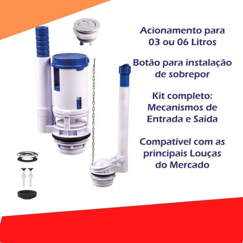 Kit Mecanismo Universal P/ Caixa Acoplada Duplo Acionamento Completo Anti-Vazamento - 2