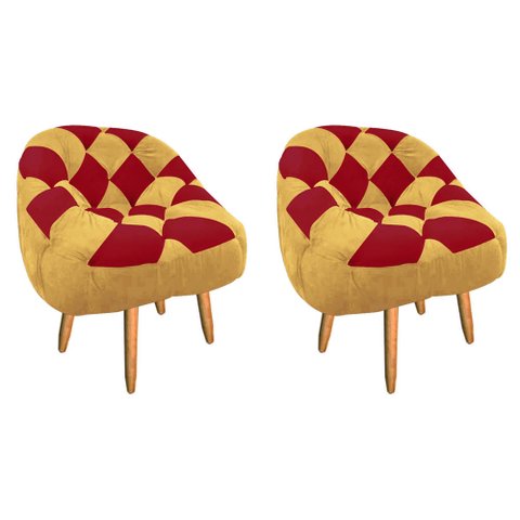 Kit 02 Poltrona Paloma Escritório Sala Pé Palito Suede Mostarda e Suede Vermelho - Dominic Decor