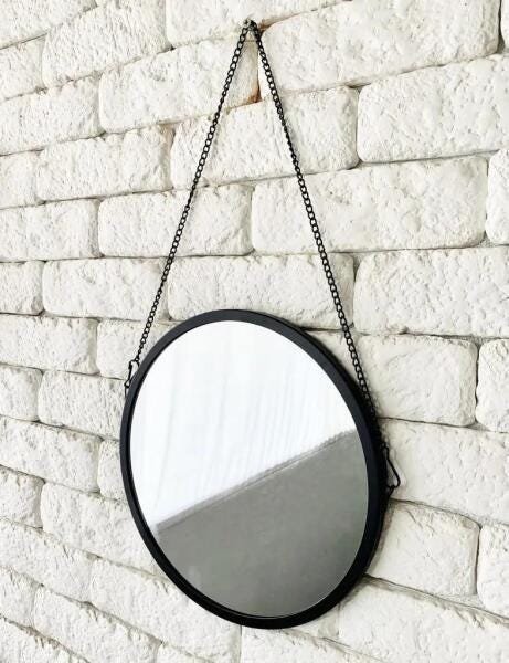Espelho Redondo Corrente Alça de Parede em Metal Preto 30cm - 2