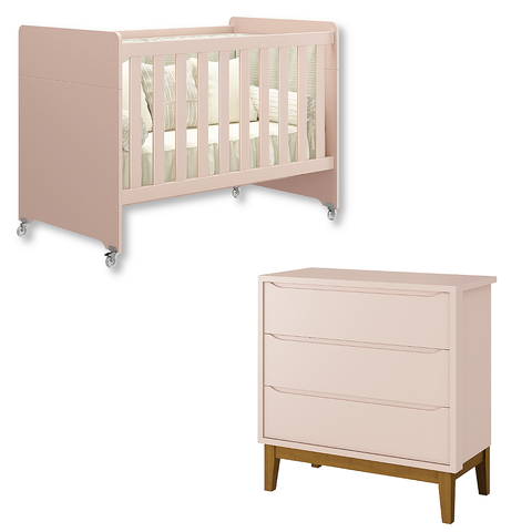 Quarto de Bebê Berço Evolution + Cômoda 3 Gavetas Classic Rosa Madeira