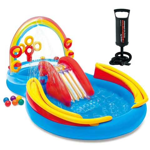 Piscina Infantil Inflável Escorregador Arco Iris 227 Litros Intex com Bomba de Ar Manual