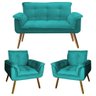 Kit Sofá Namoradeira + 2 Poltrona Opala Suede Azul Tiffany Pé Palito - 1