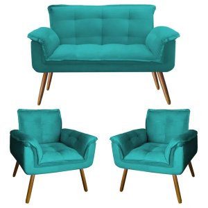 Kit Sofá Namoradeira + 2 Poltrona Opala Suede Azul Tiffany Pé Palito