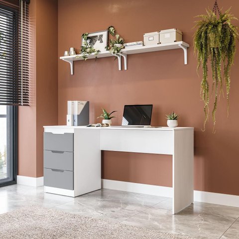 Mesa Escrivaninha Madri Escritório 3 Gavetas 163x77cm Cinza/Branco 250705