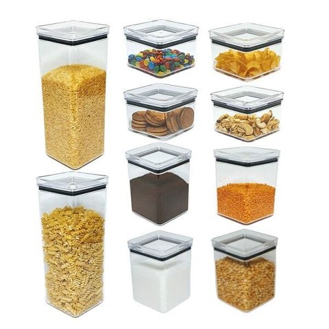 KIT 10 Potes Herméticos Quadrados 480/1000/2200ml Empilhável Paramount