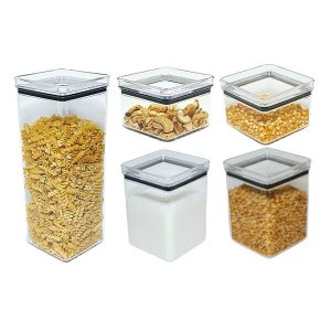 KIT 5 Potes Herméticos Quadrados 480/1000/2200ml Empilhável Paramount