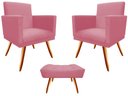 Ver imagem 1 de Kit 2 Poltronas Decorativa Bia + Puff Retangular Suede Rosa Pés Madeira Mz Decor