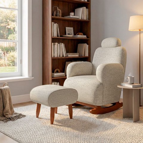 Poltrona Orgânica de Balanço Super Premium Aurora com Puff Tecido Chenille Bege Fendi