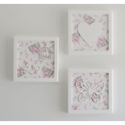 Trio Quadros Parede Decoração Quarto Menina Bebê D217 Infantil Borboleta Jardim Coração Pássaro - 1