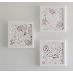 Trio Quadros Parede Decoração Quarto Menina Bebê D217 Infantil Borboleta Jardim Coração Pássaro