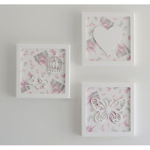 Trio Quadros Parede Decoração Quarto Menina Bebê D217 Infantil Borboleta Jardim Coração Pássaro
