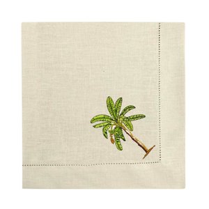 Guardanapo Linho Bege Ponto Ajour Bordado Bananeira Tropical 50x50 cm