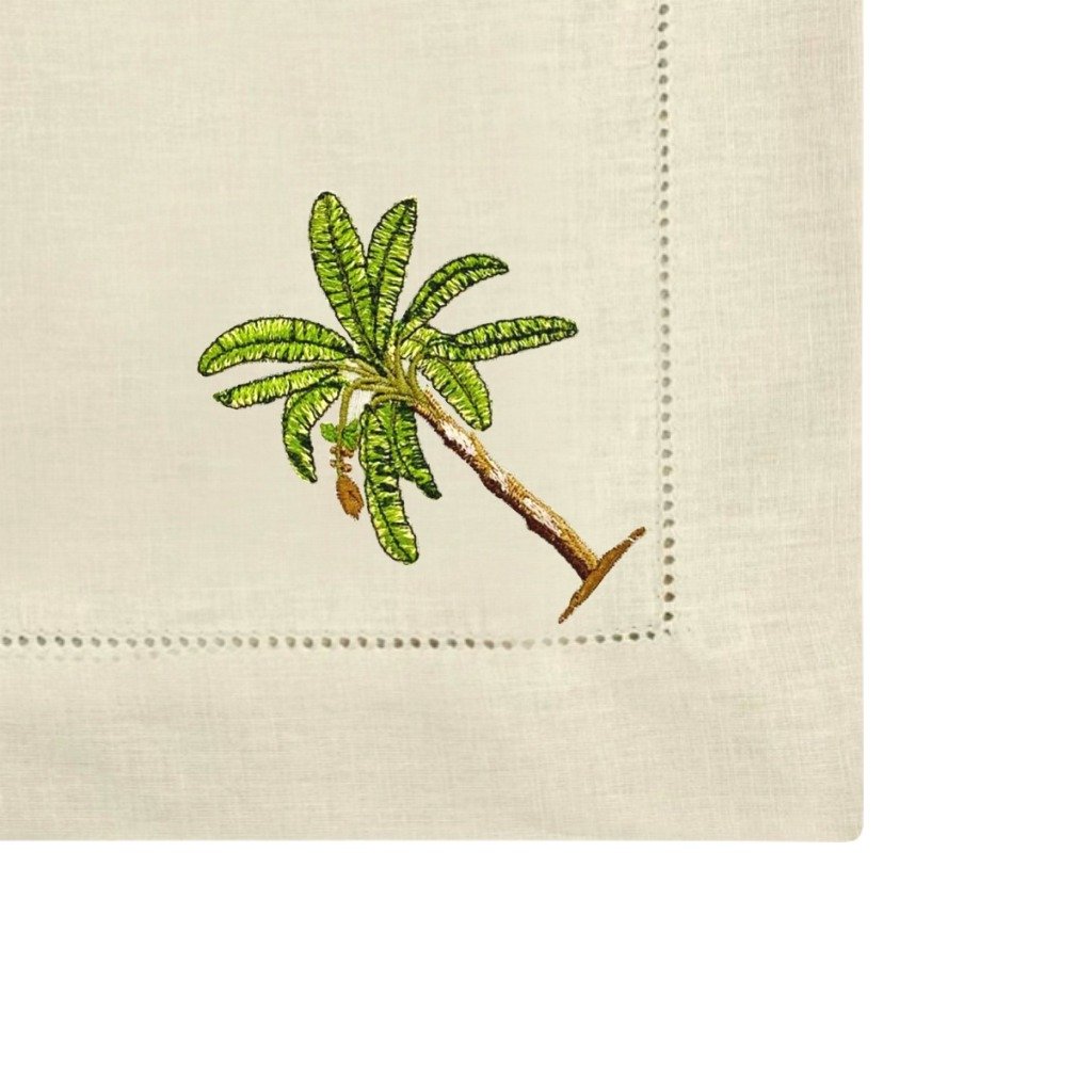 Guardanapo Linho Bege Ponto Ajour Bordado Bananeira Tropical 50x50 cm - 2