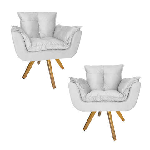 Kit 2 Poltrona Decorativa Base Giratória De Madeira Quarto Opala Suede Branco - LM DECOR